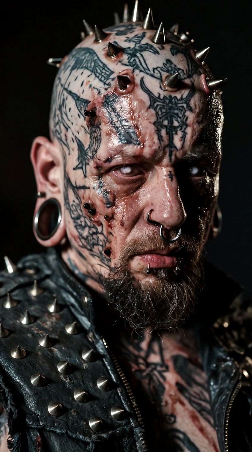 @knightmarecult_,  a close-up portrait of a heavily body-modified man against a black background,  his shaved head is cove...