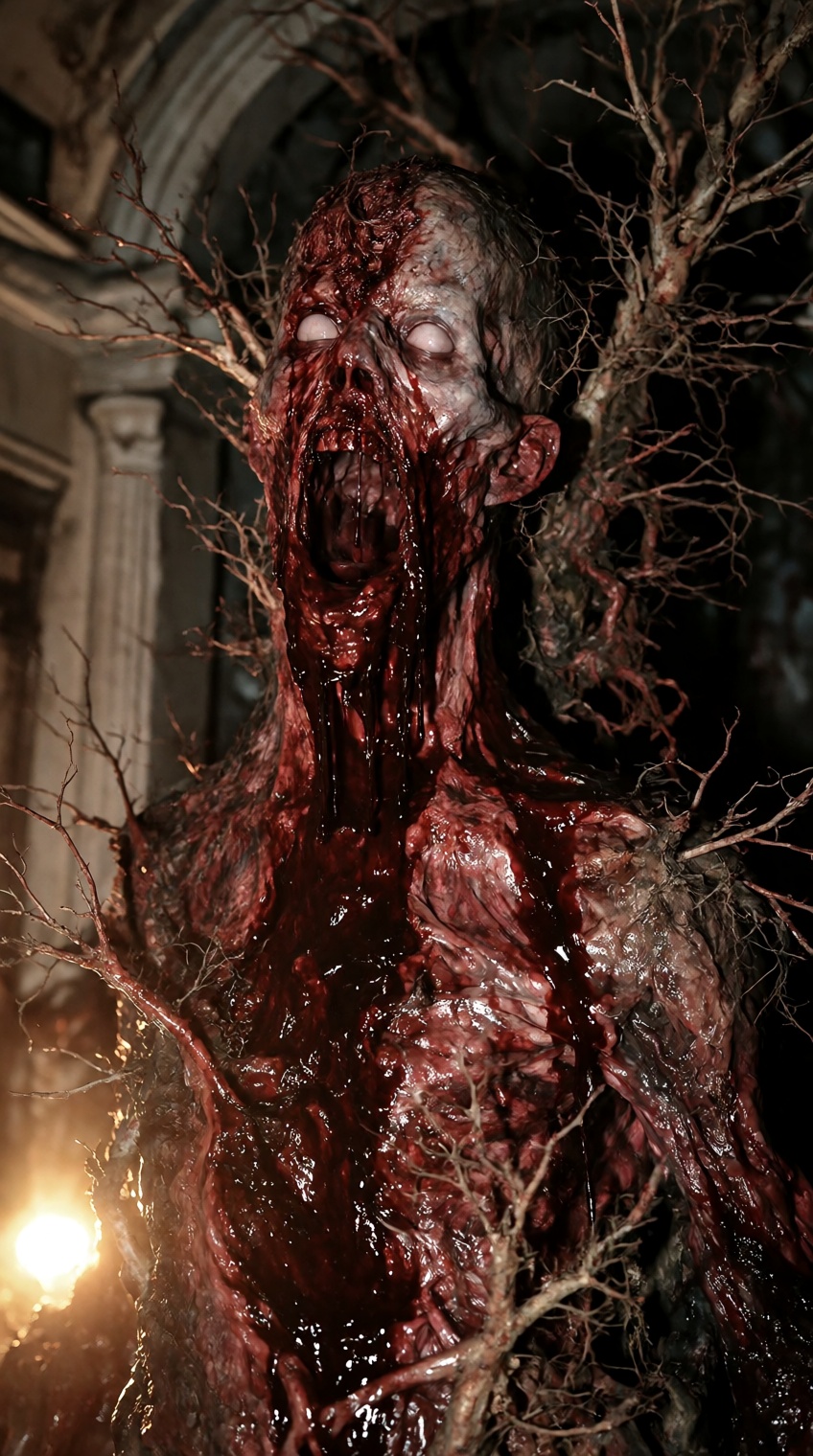 @knightmarecult_,  a nightmarish horror figure dominates the frame,  its humanoid head twisted into a rictus of agony on T...