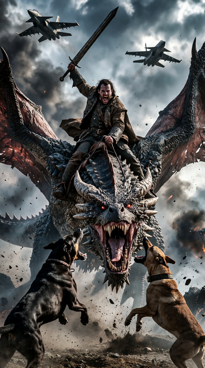 @knightmarecult,  A chaotic battlefield scene where a ferocious,  roaring male warrior with disheveled dark hair and a wea...