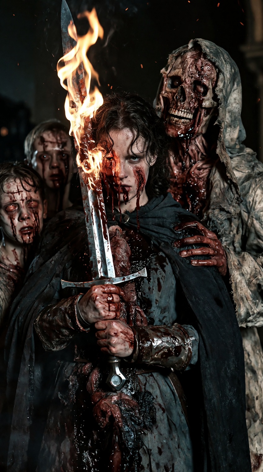@knightmarecult,  a grim horror scene in a pitch-black medieval chamber. A fierce young woman with disheveled dark curly h...