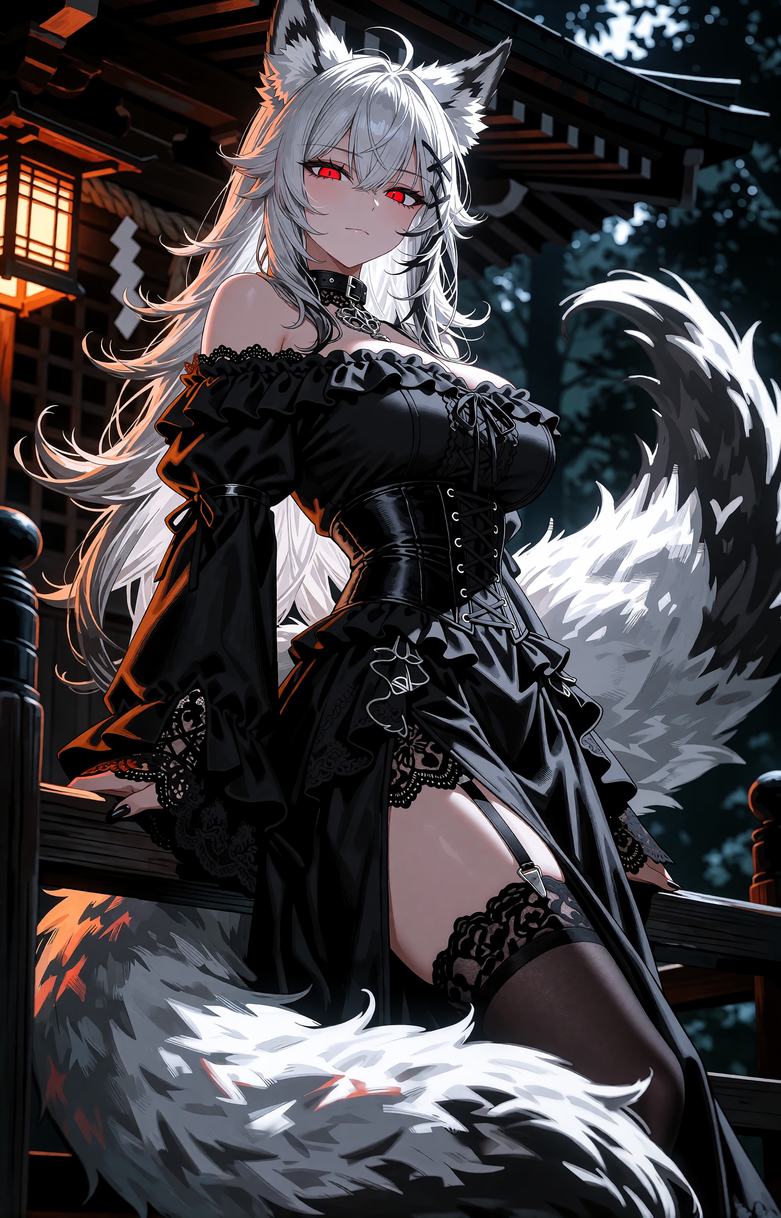 A highly detailed cinematic anime illustration of a mature ***** wolf woman with long flowing silver-white hair,  large fl...