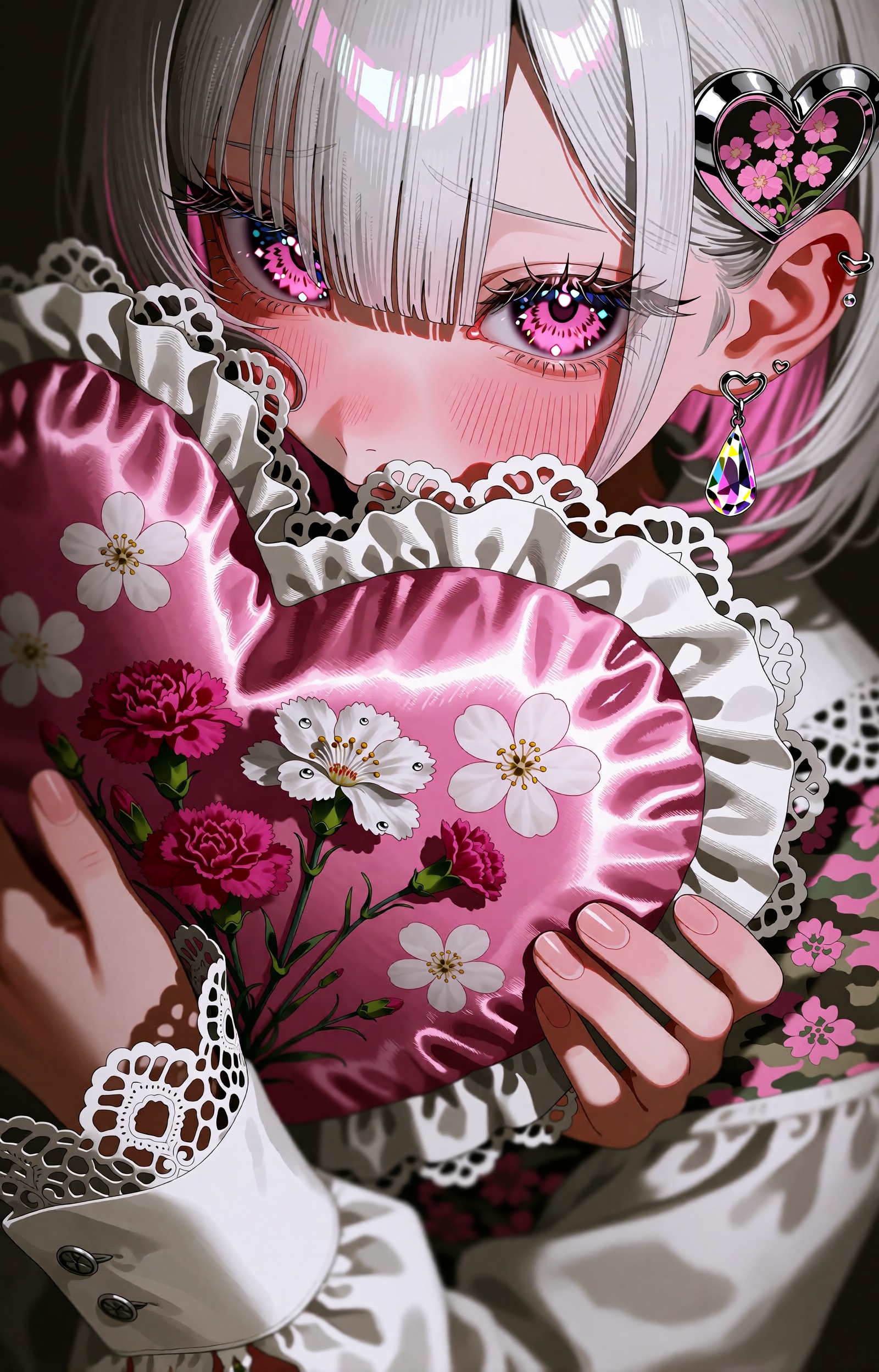 SUBJECT: A girl with silver-white hair and vivid magenta jewel eyes whose irises sparkle like cut glass. Her cheeks and th...