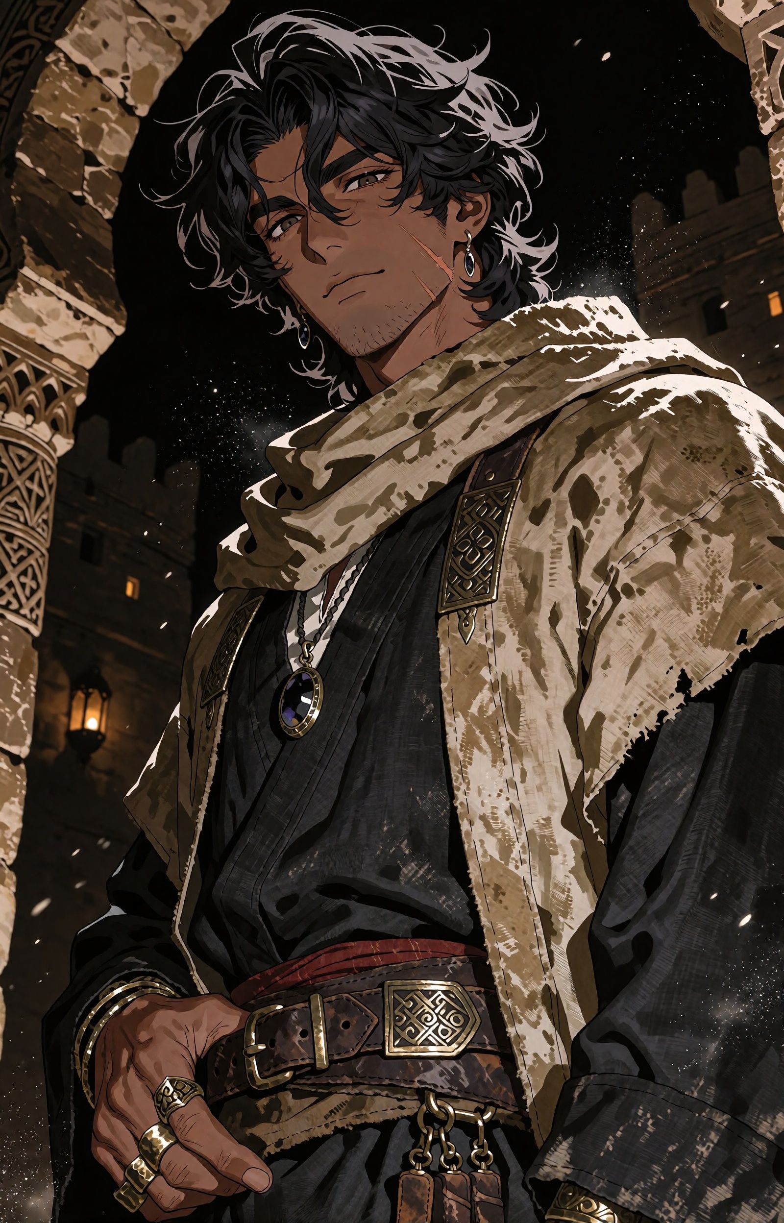 A sophisticated fantasy-anime portrait of a handsome ***** desert nobleman in his early thirties,  tall and powerfully bui...