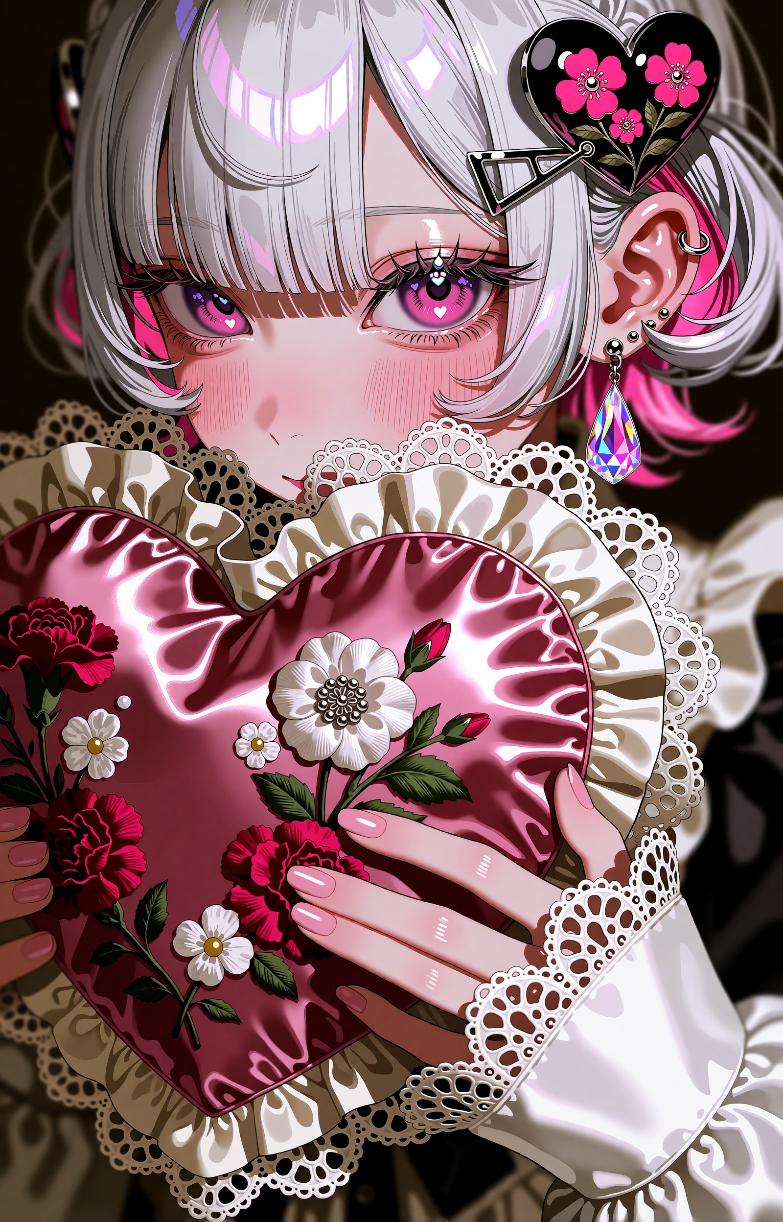 A hyper-glossy contemporary anime illustration in an intimate extreme close-up of an ***** woman peeking over a large hear...