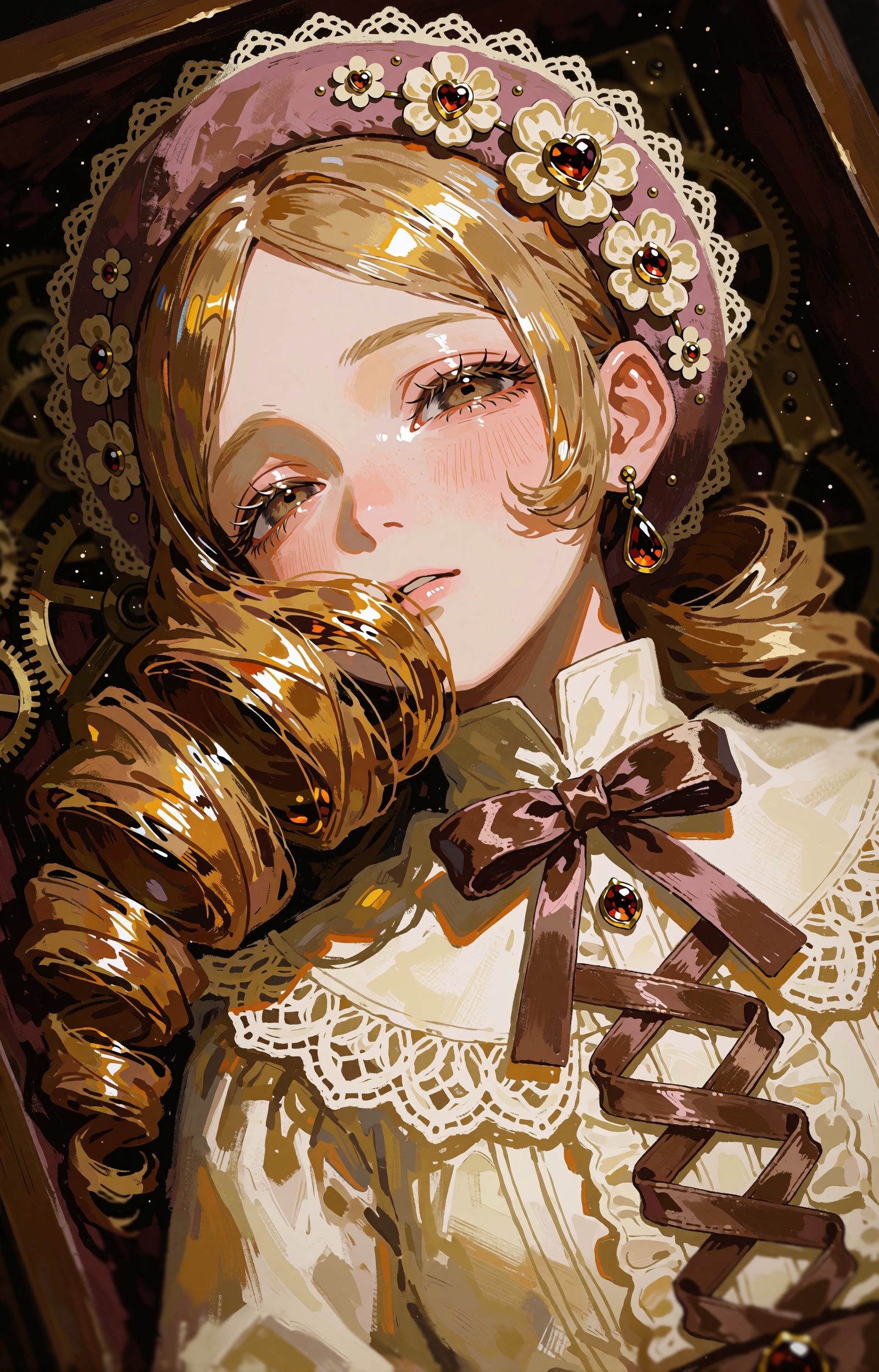 SUBJECT: A porcelain-skinned young woman re-imagined as a living doll preserved in amber light,  her long honey-blonde hai...