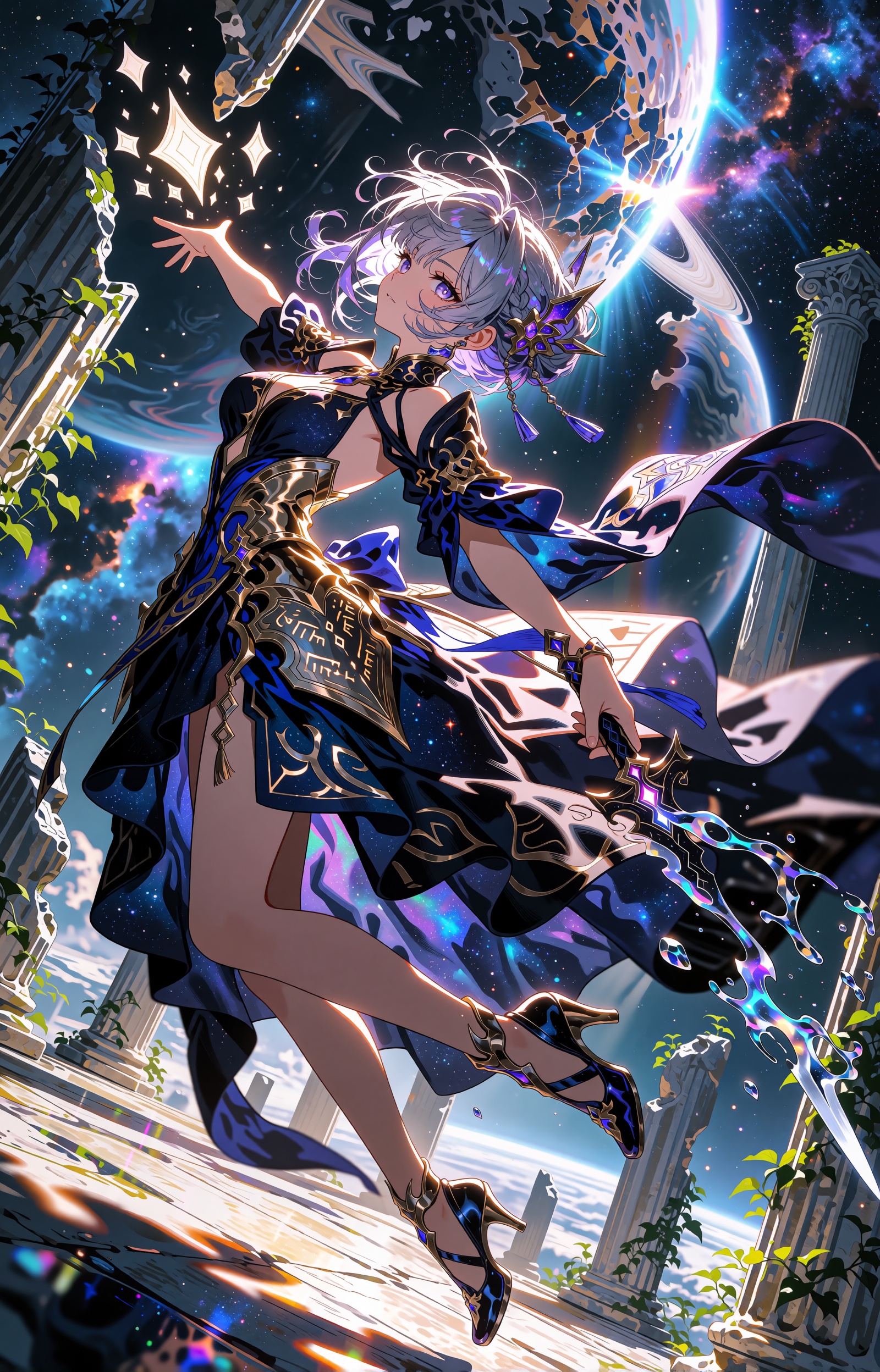 SUBJECT A fiercely elegant young woman with intricate,  wind-swept silver and amethyst hair,  adorned with delicate filigr...