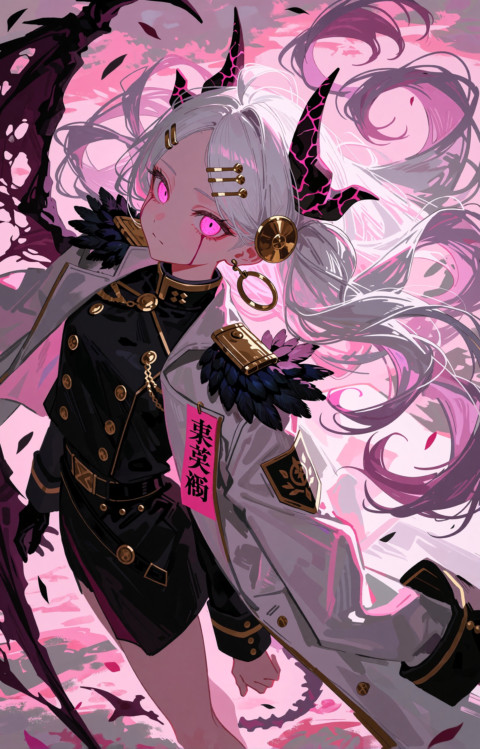 SUBJECT : A demon-blooded banner-girl with waist-length white hair that swirls into pink-lavender ribbons around her. Lumi...