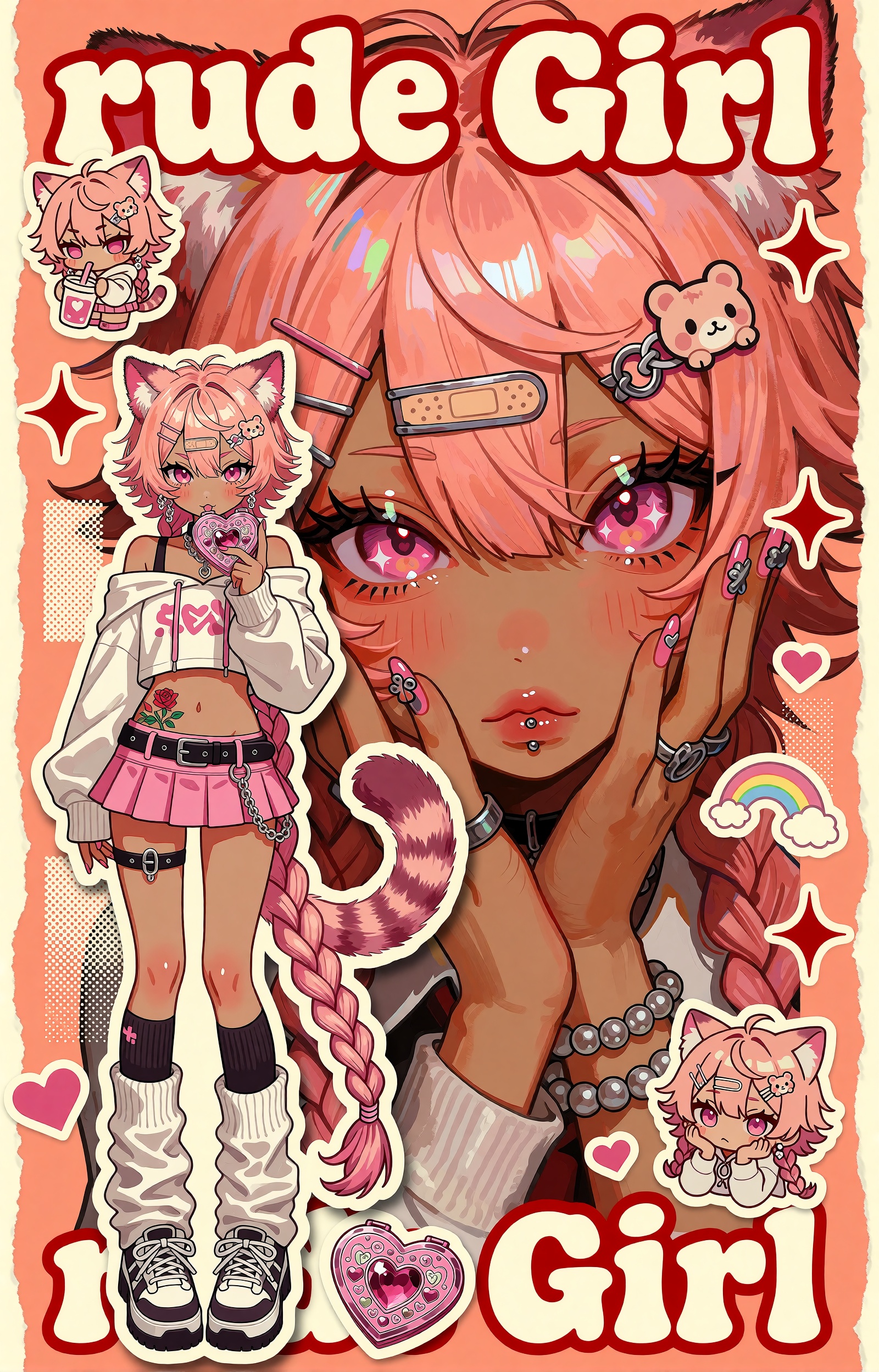 A vertical retro-pop anime sticker-collage poster on a peach-coral background framed by torn cream paper edges. The domina...