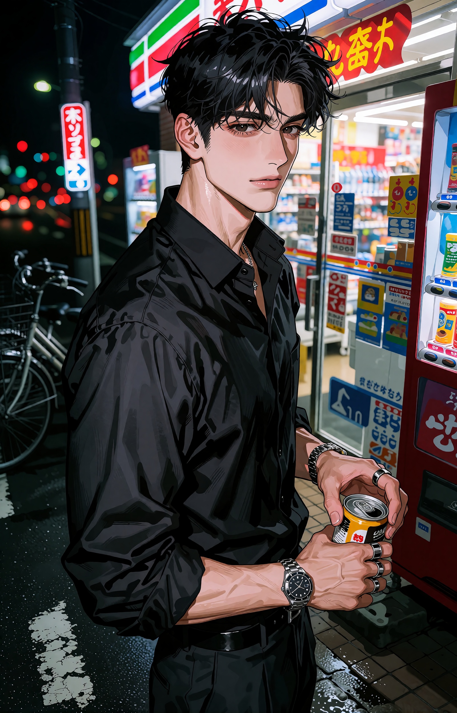 A high-end cinematic anime illustration of a strikingly handsome ***** man in his late twenties standing outside a brightl...
