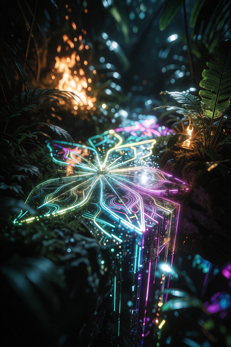 Neon jungle seen from above,  fire in the eternal night,  built from futuristic nano leaf glass on Tensor.Art