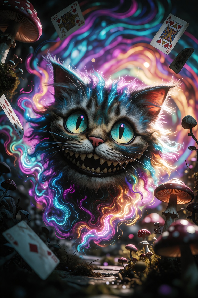 A trippy portrait of the Cheshire Cat from *Alice in Wonderland*,  featuring its iconic wide grin floating in a swirl of v...
