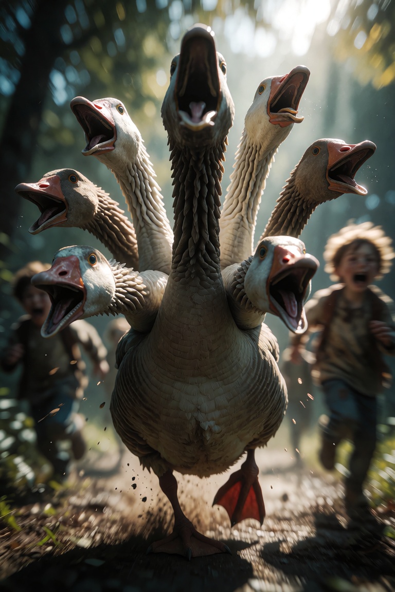 a giant goose with many necks and heads like a hydra,  aggressively honking with all,  blurry children running in fear bac...