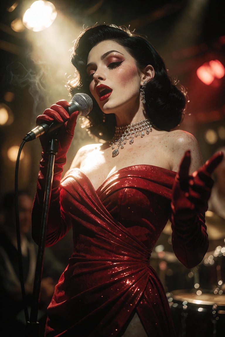 cinematic sexy sultry 1950s lounge singer,  red dress,  femme fatale on Tensor.Art