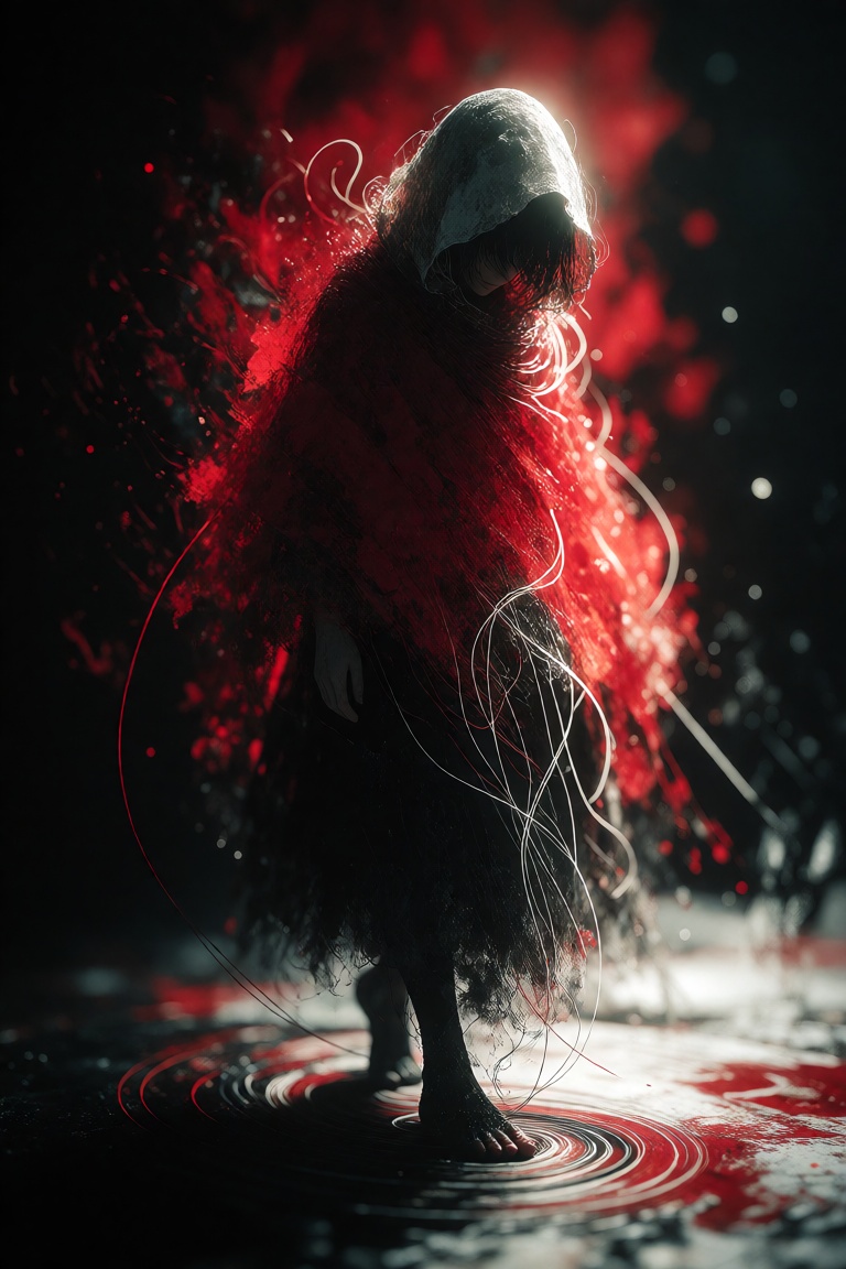yfg-**0rg,  Bask in the realm of abstract expressionism as a mysterious figure cloaked in a vibrant red shawl steps into v...