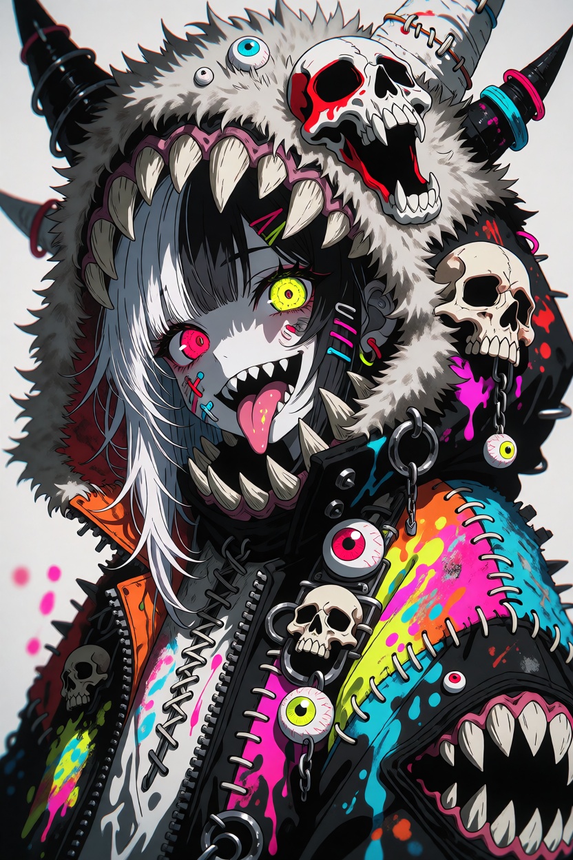 Create an extremely detailed 2D anime illustration in a grotesque-kawaii monster-punk aesthetic. The subject is a beautifu...