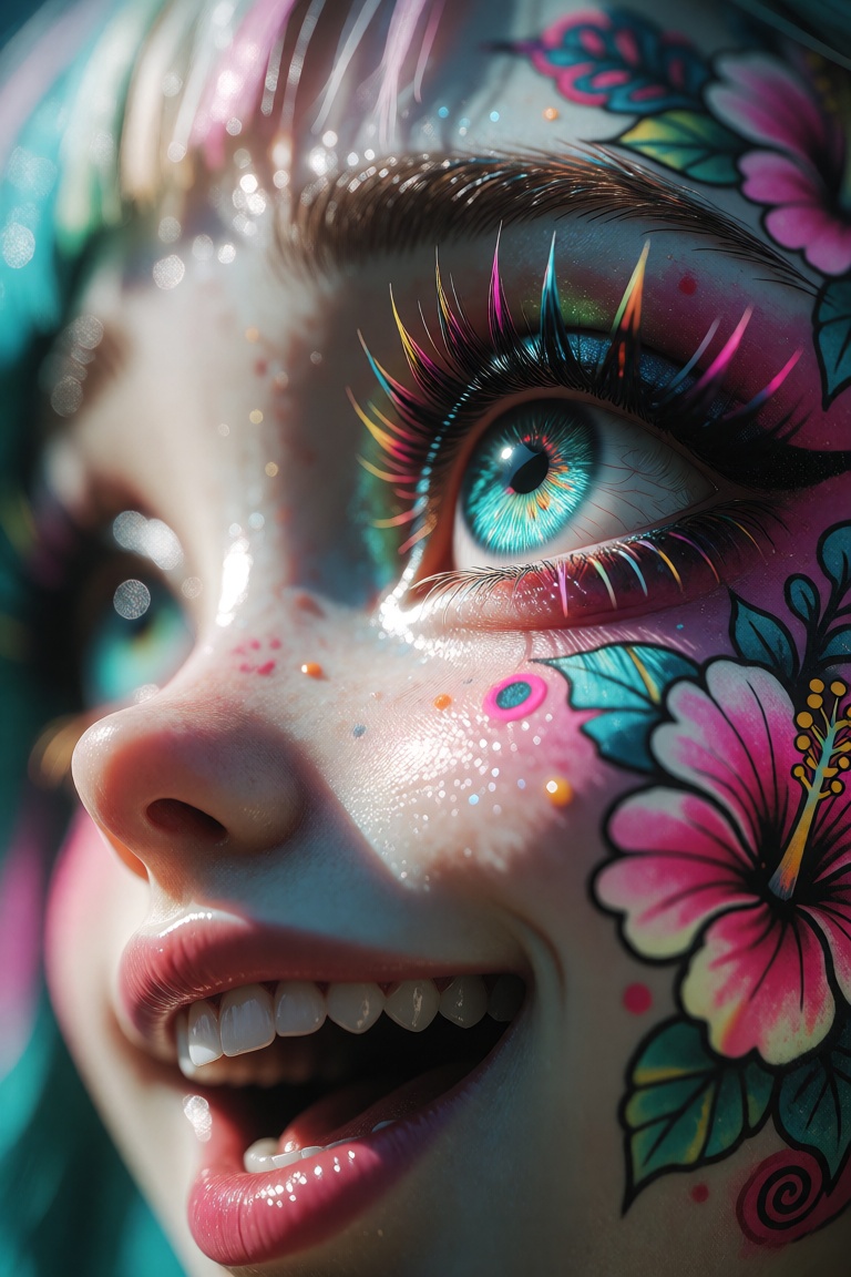 Hyperrealism,  extreme close-up Portrait of a beautiful,  stunning unique female character. She has large turquoise eyes f...