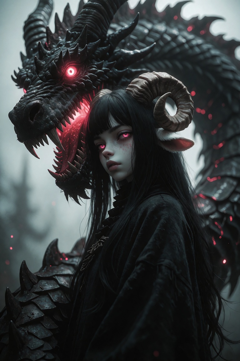 a anthro sheep woman with long,  straight black hair and sheep ears,  suggesting an sheep girl or mythical character with...