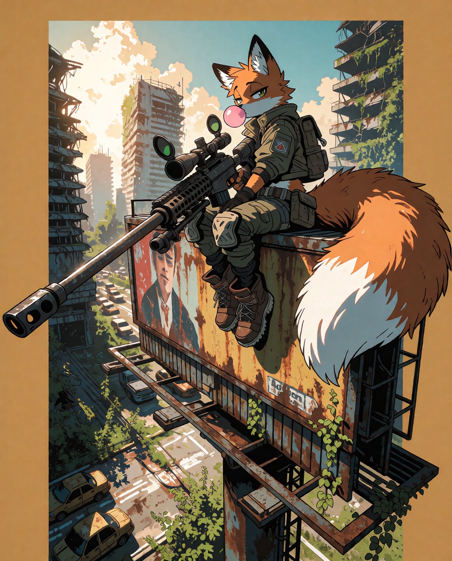 A stylized comic panel illustration in graphic novel linework,  featuring a spunky anthro red fox girl sharpshooter seated...