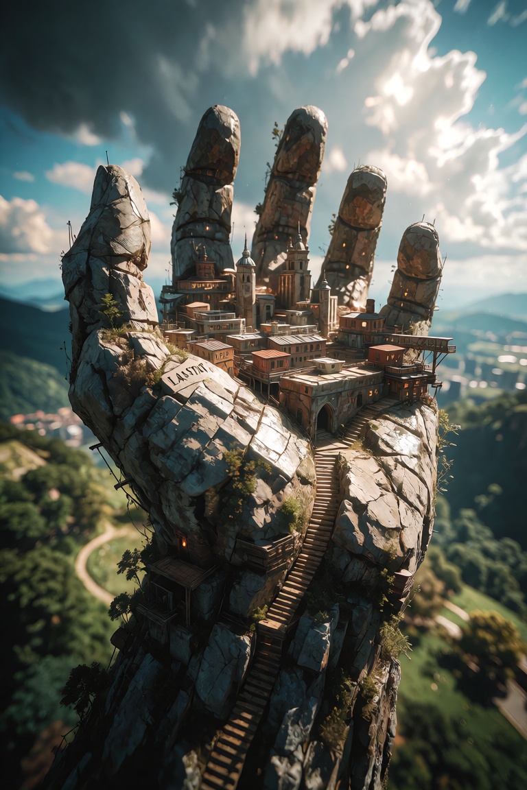 a city built on a (LAR-STAT hand) cliff outcrop shaped rock with a distant lush landscape background on Tensor.Art
