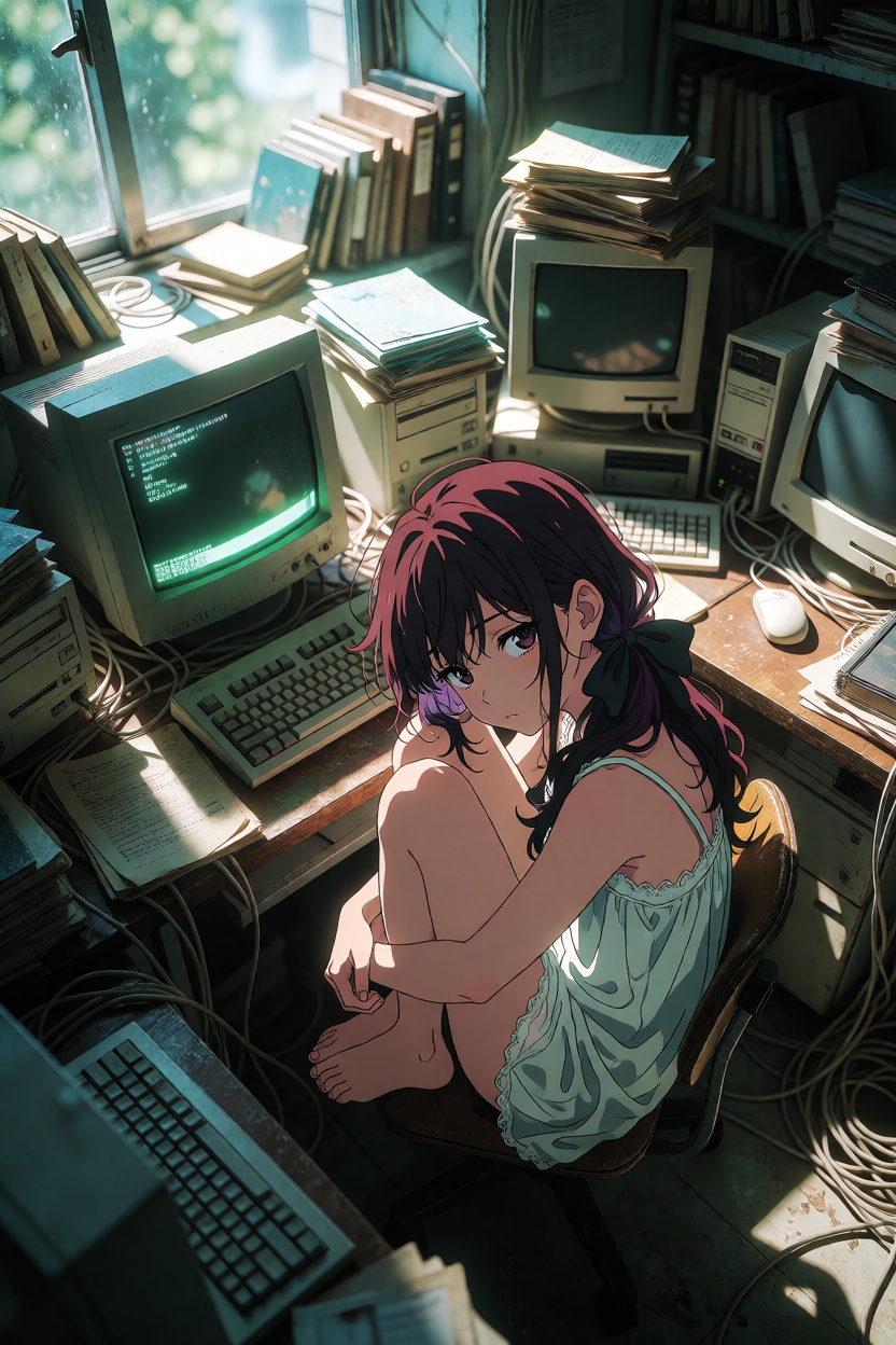 A striking hybrid composition featuring a beautiful young ***** woman rendered entirely in pure 2D cel-anime style,  sitti...