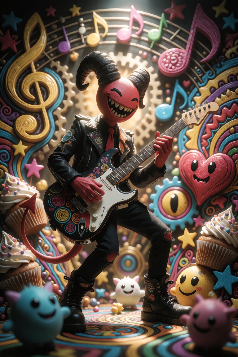 DecoDaal,  A smiling demon plays an electric guitar at the center of an elaborate collection of musical notes,  cartoon fa...