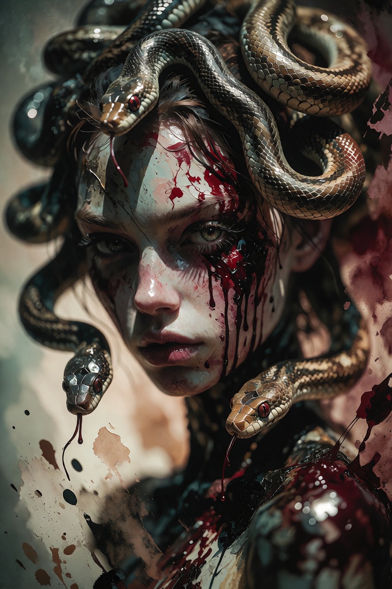 A woman with Medusa-like snakes in her hair,  close-up portrait. Hyperrealistic style,  with painterly on Tensor.Art