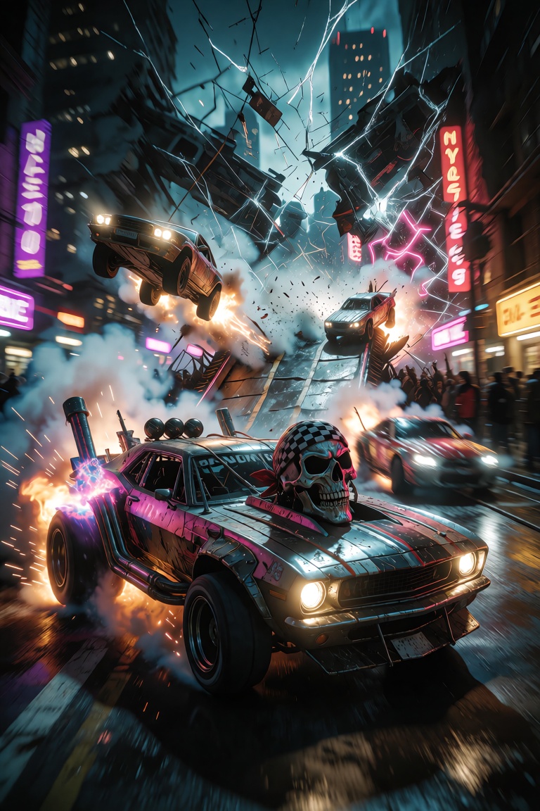 A chaotic cityscape bathed in the neon glow of streetlights is torn apart by a wild street race,  cars launching off ramps...