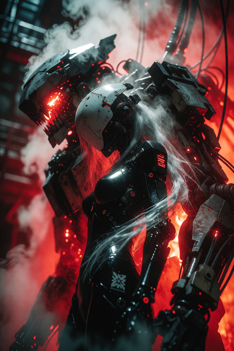 Photograph of a sleek,  cybernetic woman standing in a profile view next to a massive,  monstrous mechanical exoskeleton i...