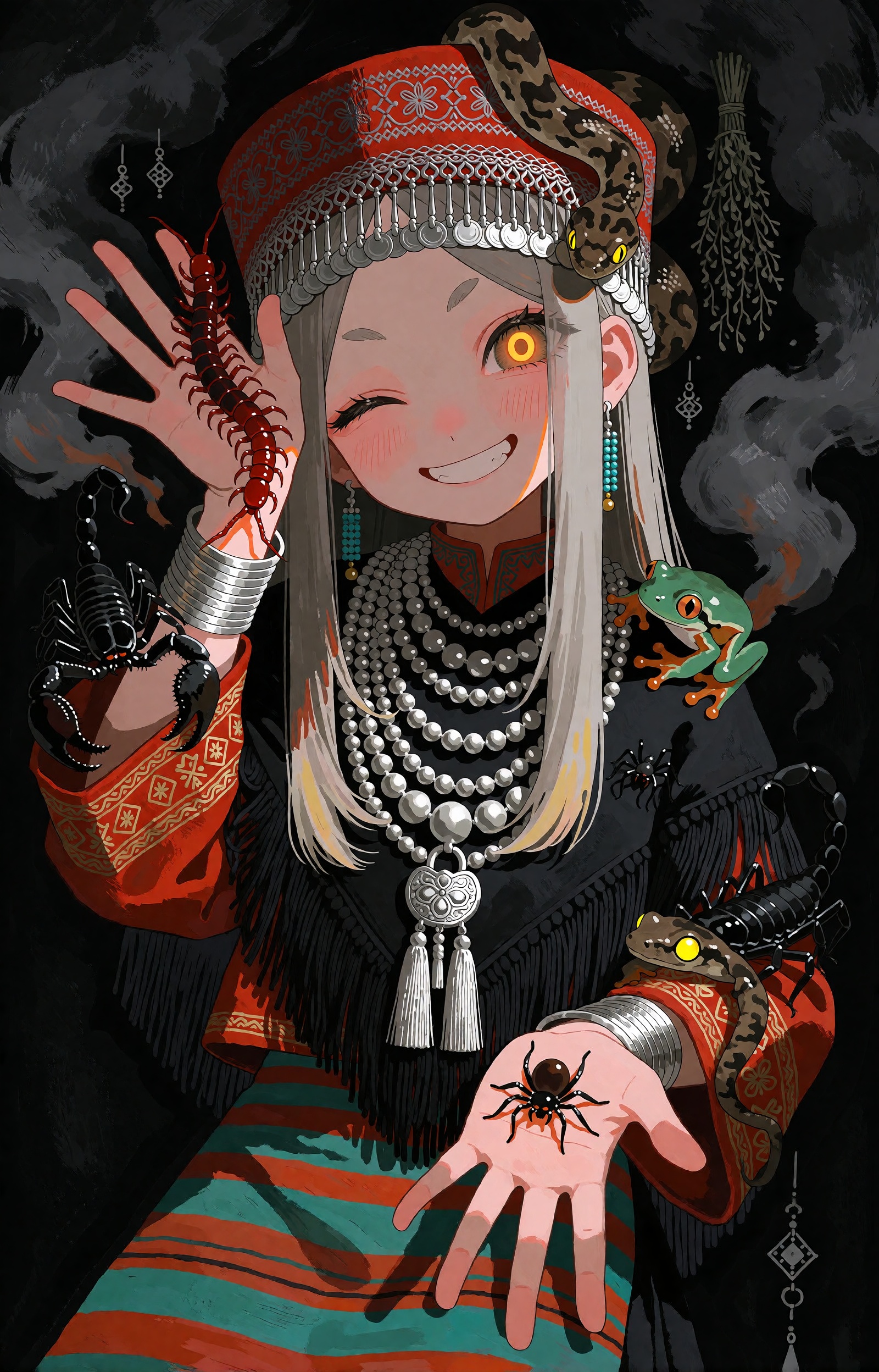 SUBJECT : A young hill-tribe venom-keeper girl with long straight ash-silver hair grins at the viewer,  one eye winked shu...