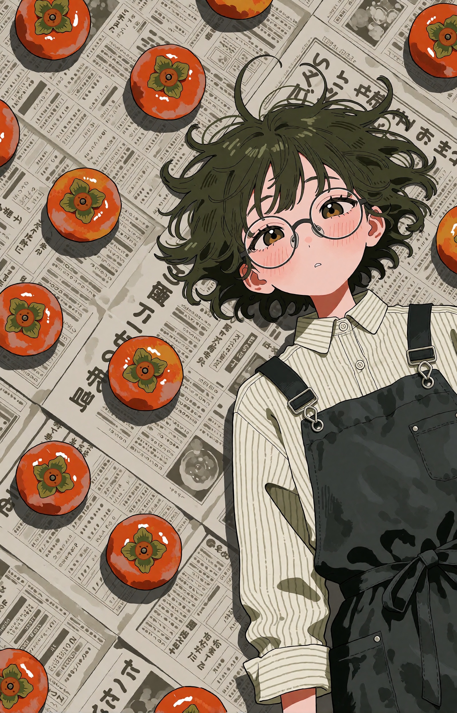 SUBJECT: A young fruit-stall apprentice seen from directly above,  lying at rest among spread newspaper sheets. Her messy...