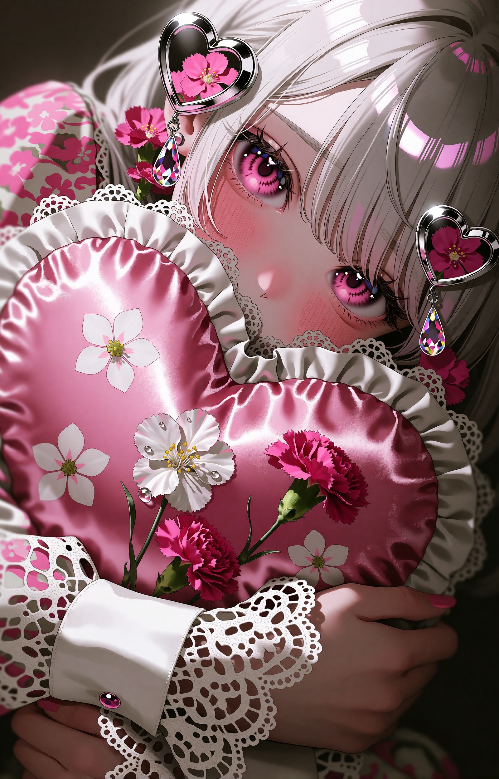 SUBJECT: A girl with silver-white hair and vivid magenta jewel eyes whose irises sparkle like cut glass. Her cheeks and th...