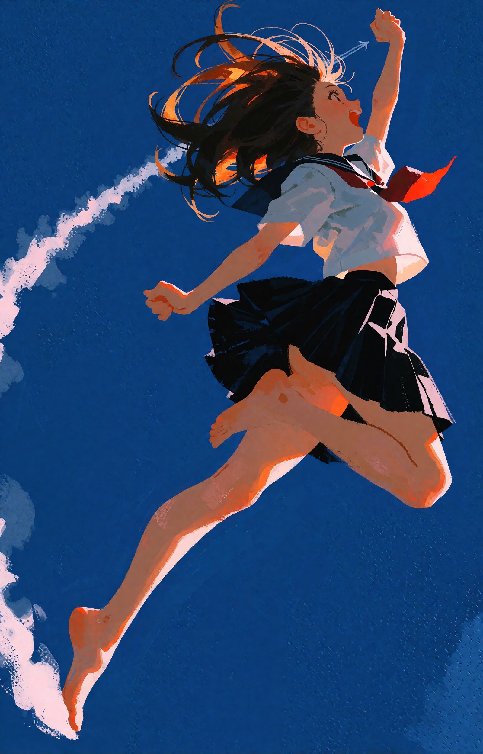SUBJECT: A teenage girl caught at the apex of an impossible leap,  suspended in a seamless ultramarine void. Her long brow...