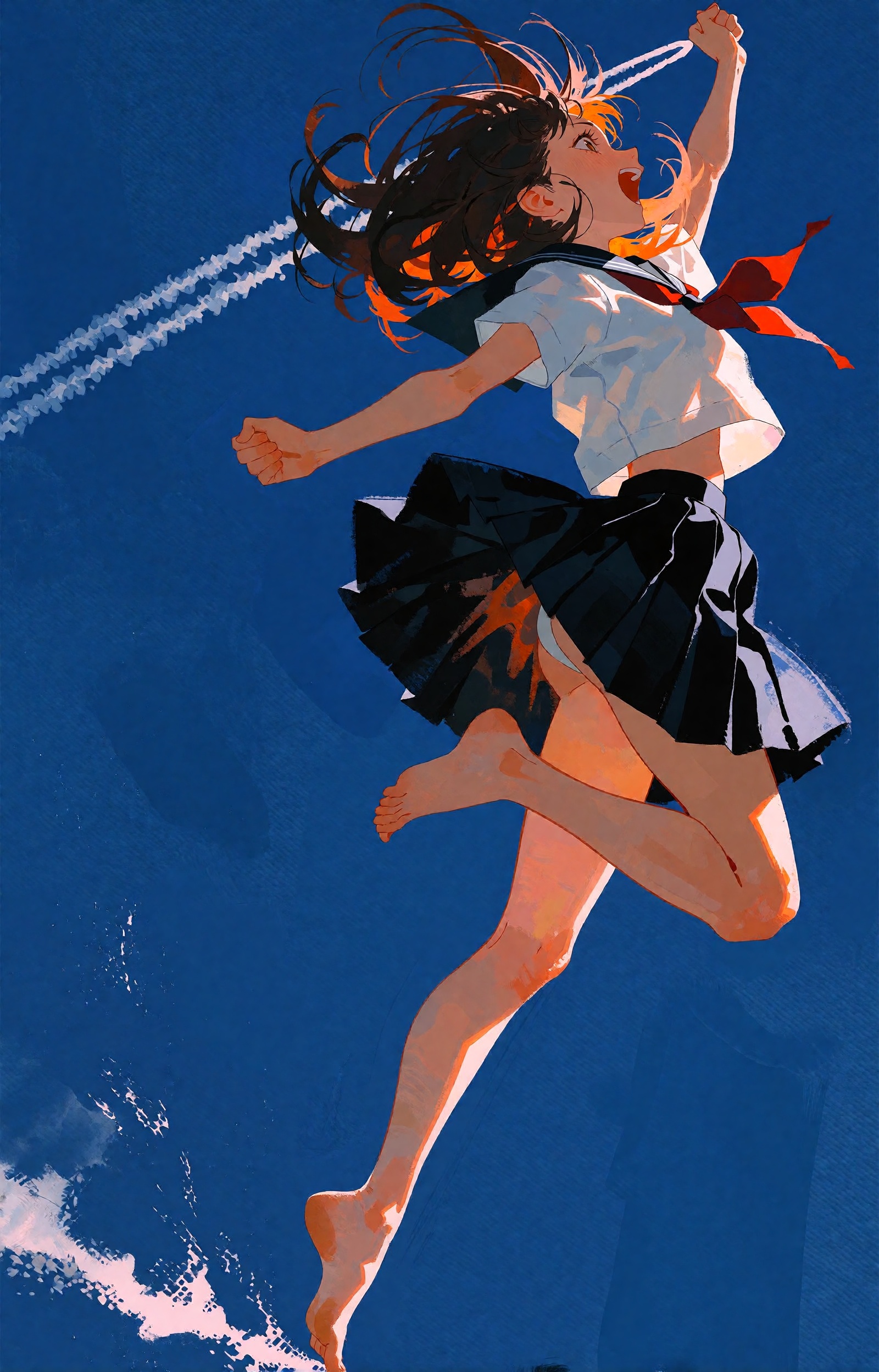 SUBJECT: A teenage girl caught at the apex of an impossible leap,  suspended in a seamless ultramarine void. Her long brow...