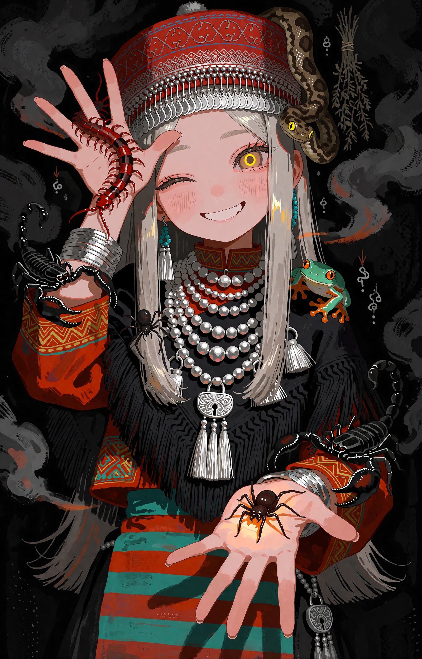 SUBJECT : A young hill-tribe venom-keeper girl with long straight ash-silver hair grins at the viewer,  one eye winked shu...