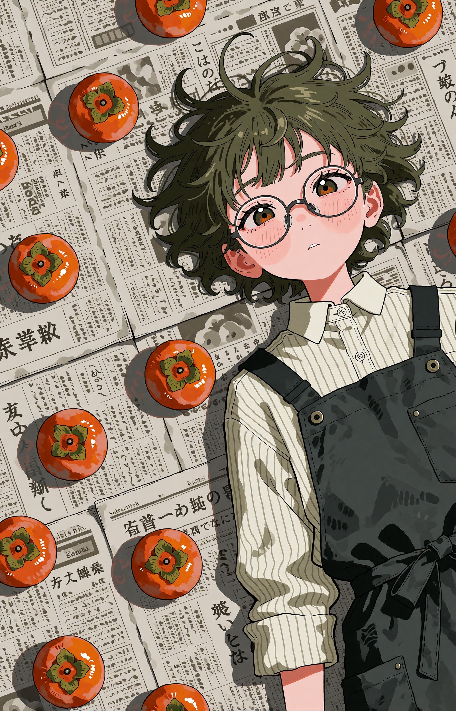 SUBJECT: A young fruit-stall apprentice seen from directly above,  lying at rest among spread newspaper sheets. Her messy...