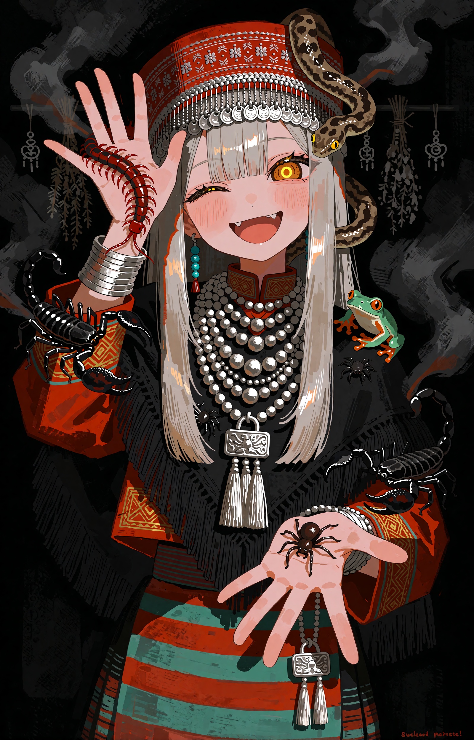 SUBJECT : A young hill-tribe venom-keeper girl with long straight ash-silver hair grins at the viewer,  one eye winked shu...