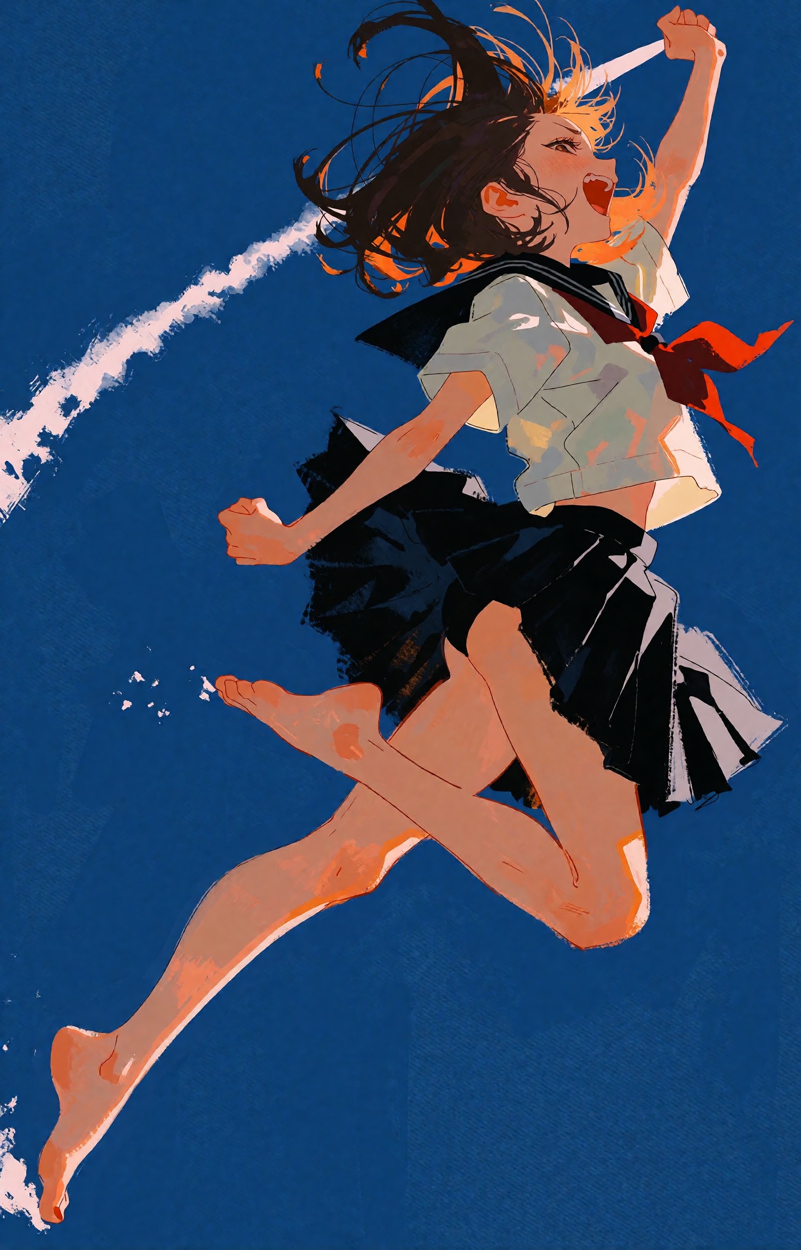 SUBJECT: A teenage girl caught at the apex of an impossible leap,  suspended in a seamless ultramarine void. Her long brow...