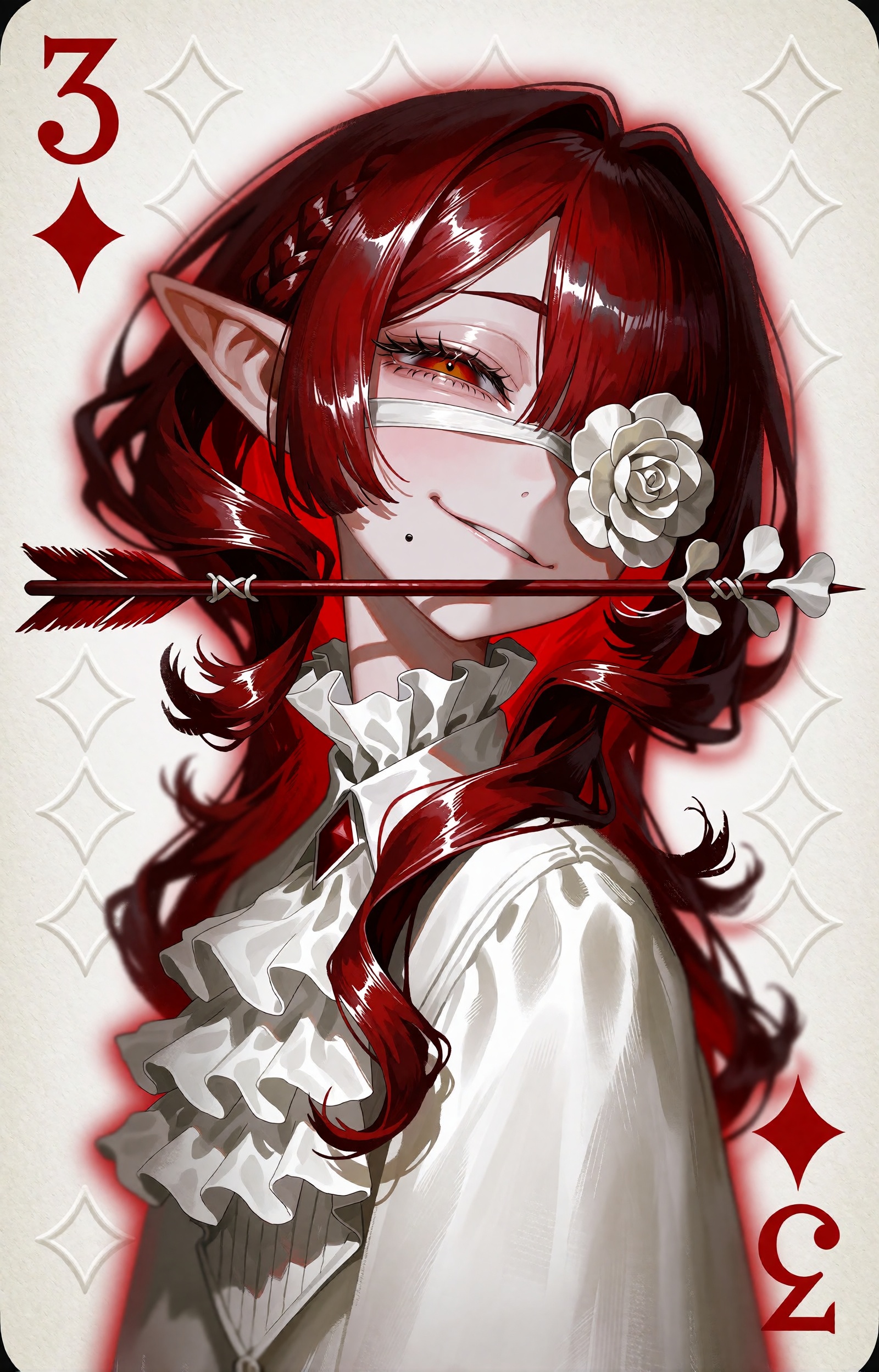 SUBJECT: An androgynous elf courtier who is the living spirit of the three of diamonds,  with long wavy crimson hair and p...