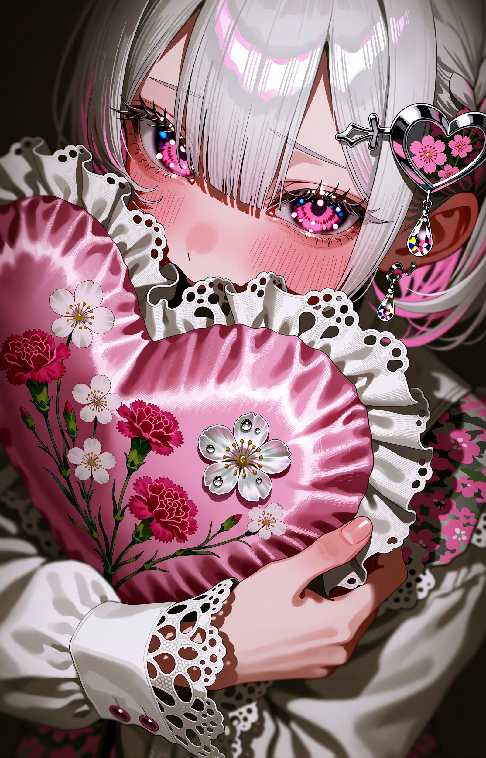 SUBJECT: A girl with silver-white hair and vivid magenta jewel eyes whose irises sparkle like cut glass. Her cheeks and th...