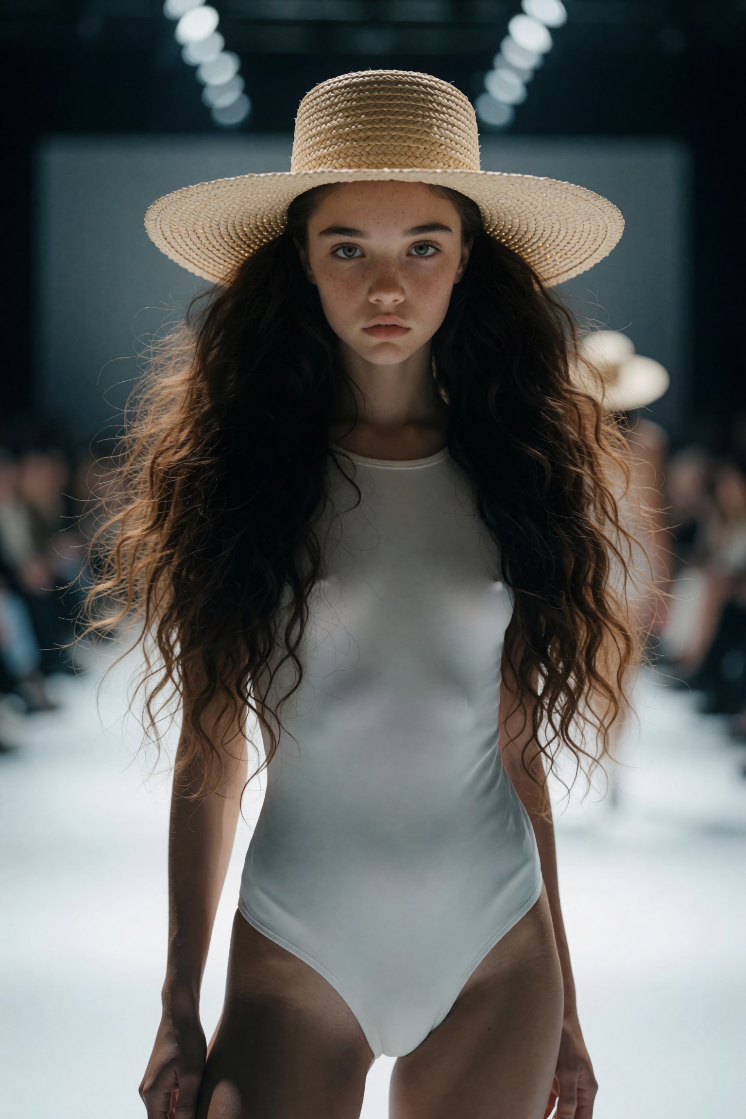 A wide-angle,  ultra-sharp 8K cinematic shot captures a young woman of about 22 years,  distinguished by voluminous twin t...