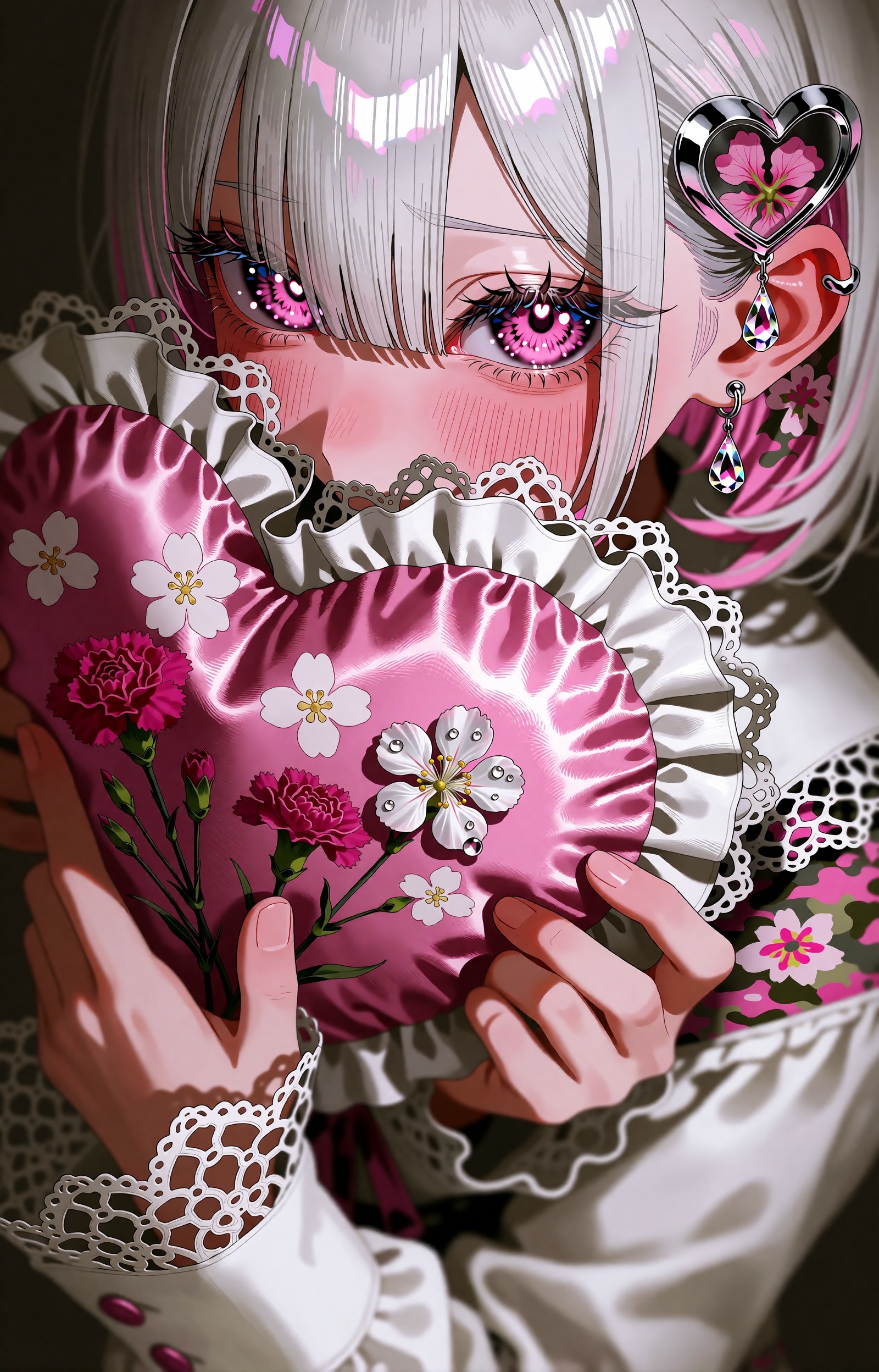 SUBJECT: A girl with silver-white hair and vivid magenta jewel eyes whose irises sparkle like cut glass. Her cheeks and th...