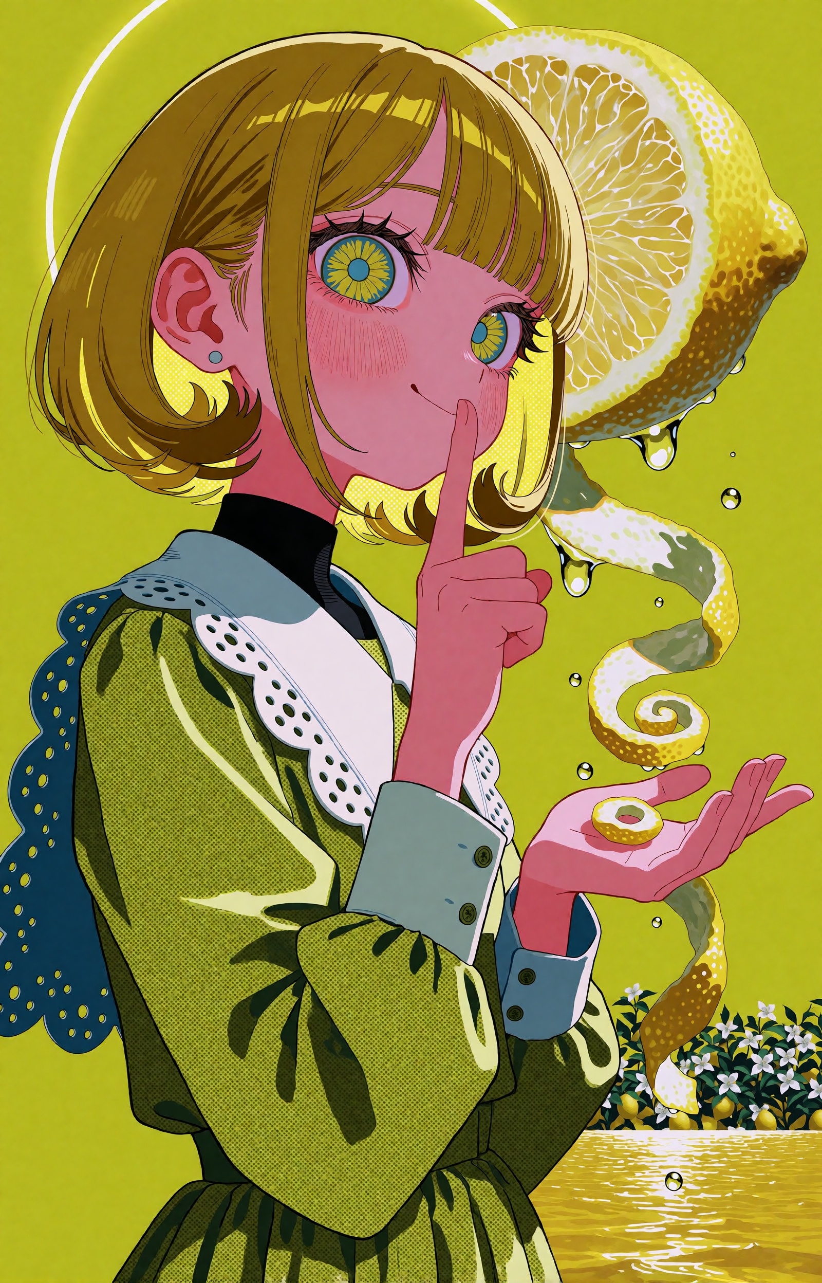 SUBJECT: A young citrus saint with rose-pink skin and a golden blonde bob whose ends curl inward like peeled rind. Her wid...