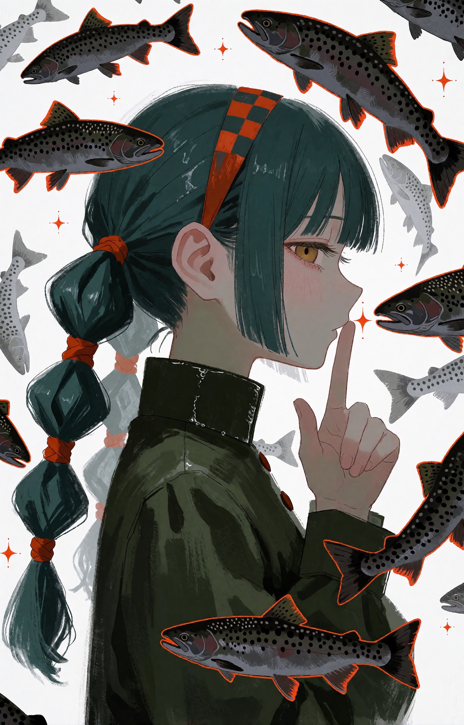 SUBJECT: A young woman appears in perfect profile,  her identity half-turned away from the viewer. Her teal-green hair is...