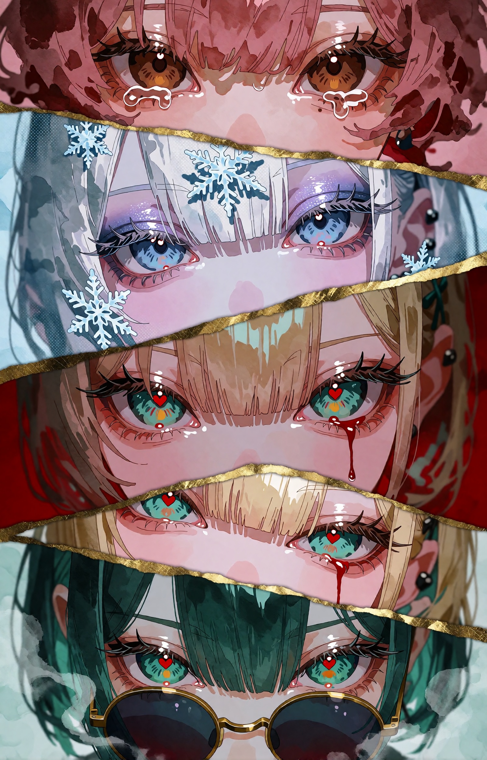 An extreme close-up anime illustration composed as four diagonal full-bleed panels separated by torn gold-leaf strips,  ea...