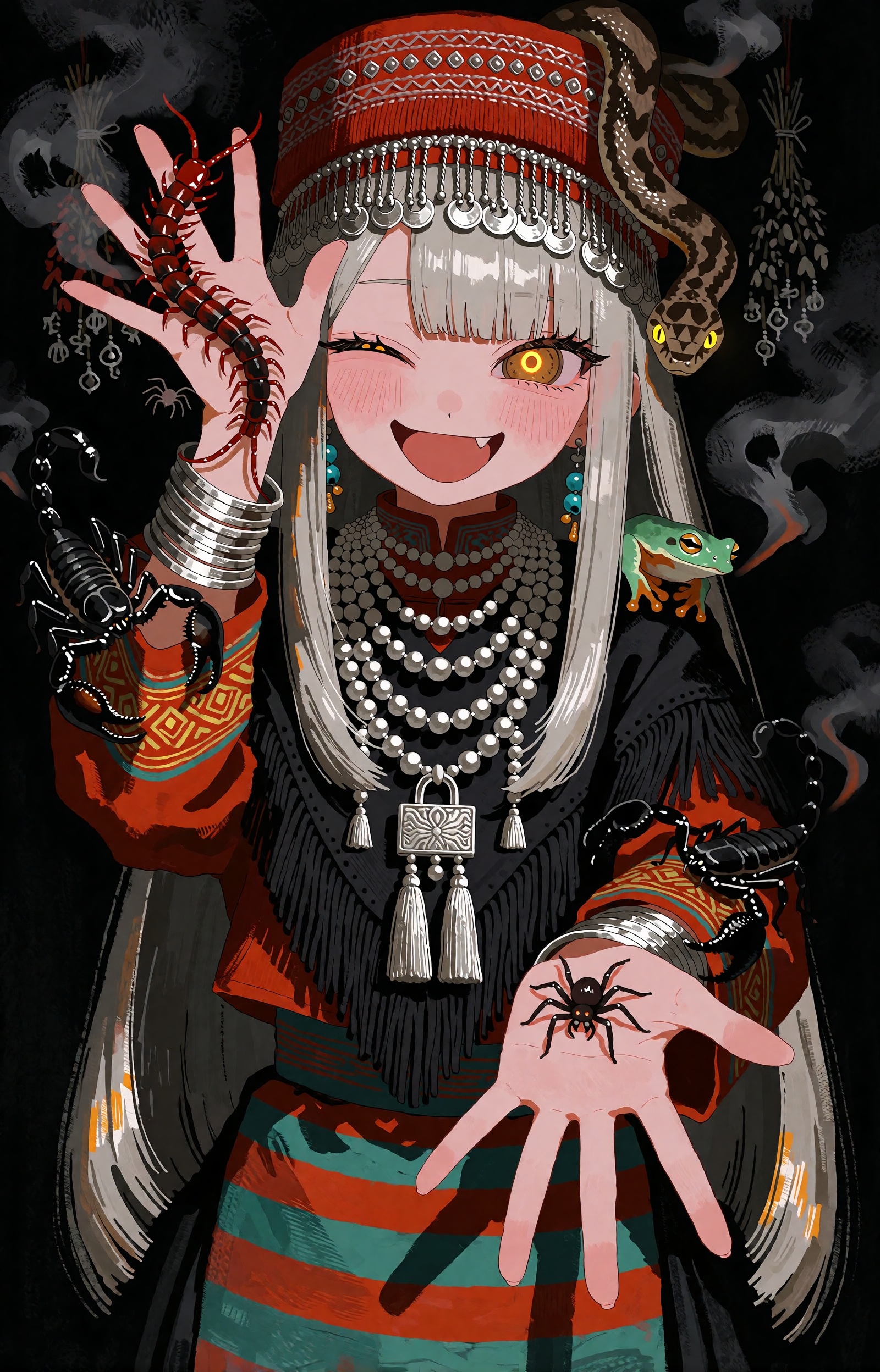 SUBJECT : A young hill-tribe venom-keeper girl with long straight ash-silver hair grins at the viewer,  one eye winked shu...