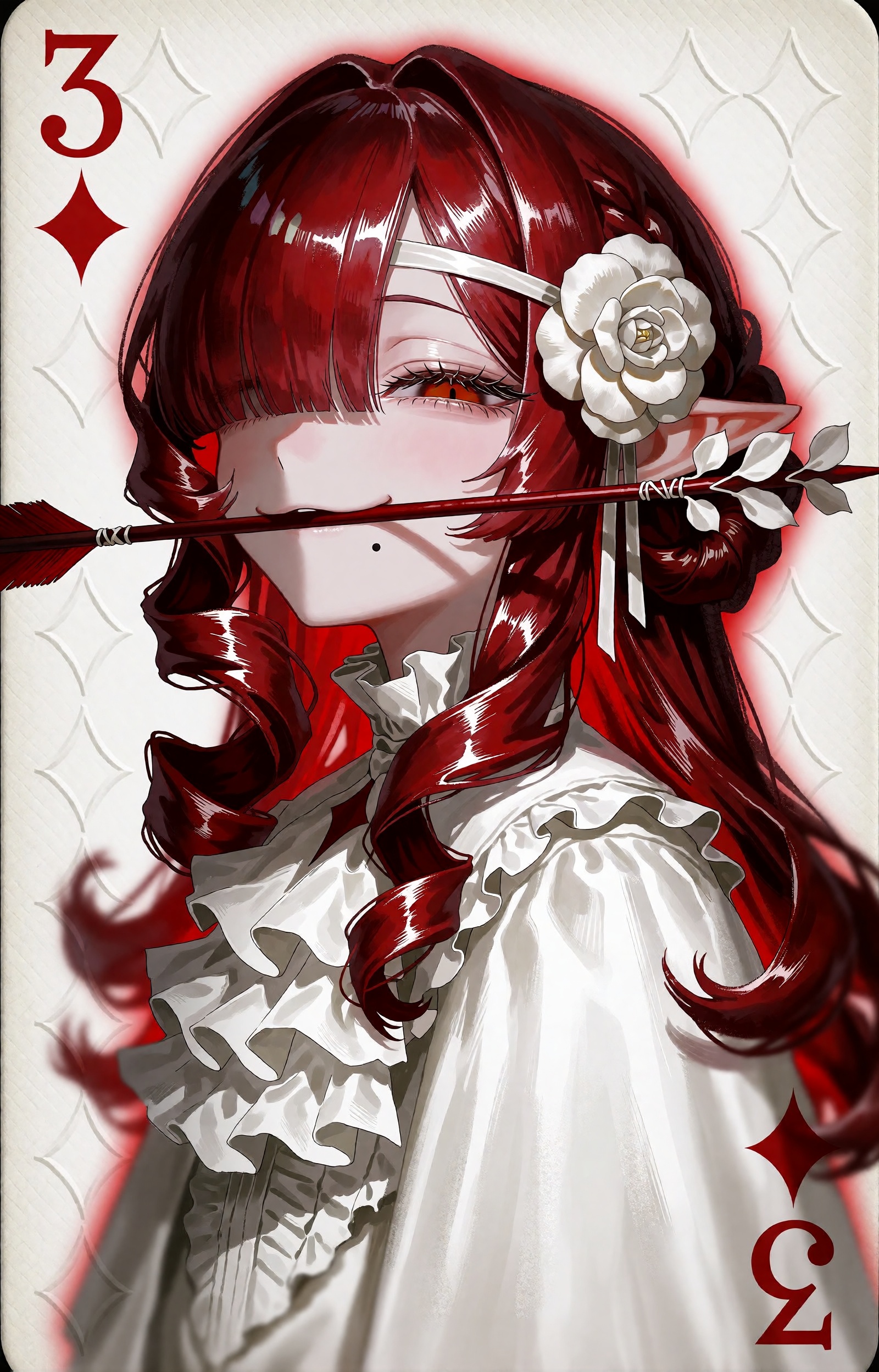 SUBJECT: An androgynous elf courtier who is the living spirit of the three of diamonds,  with long wavy crimson hair and p...