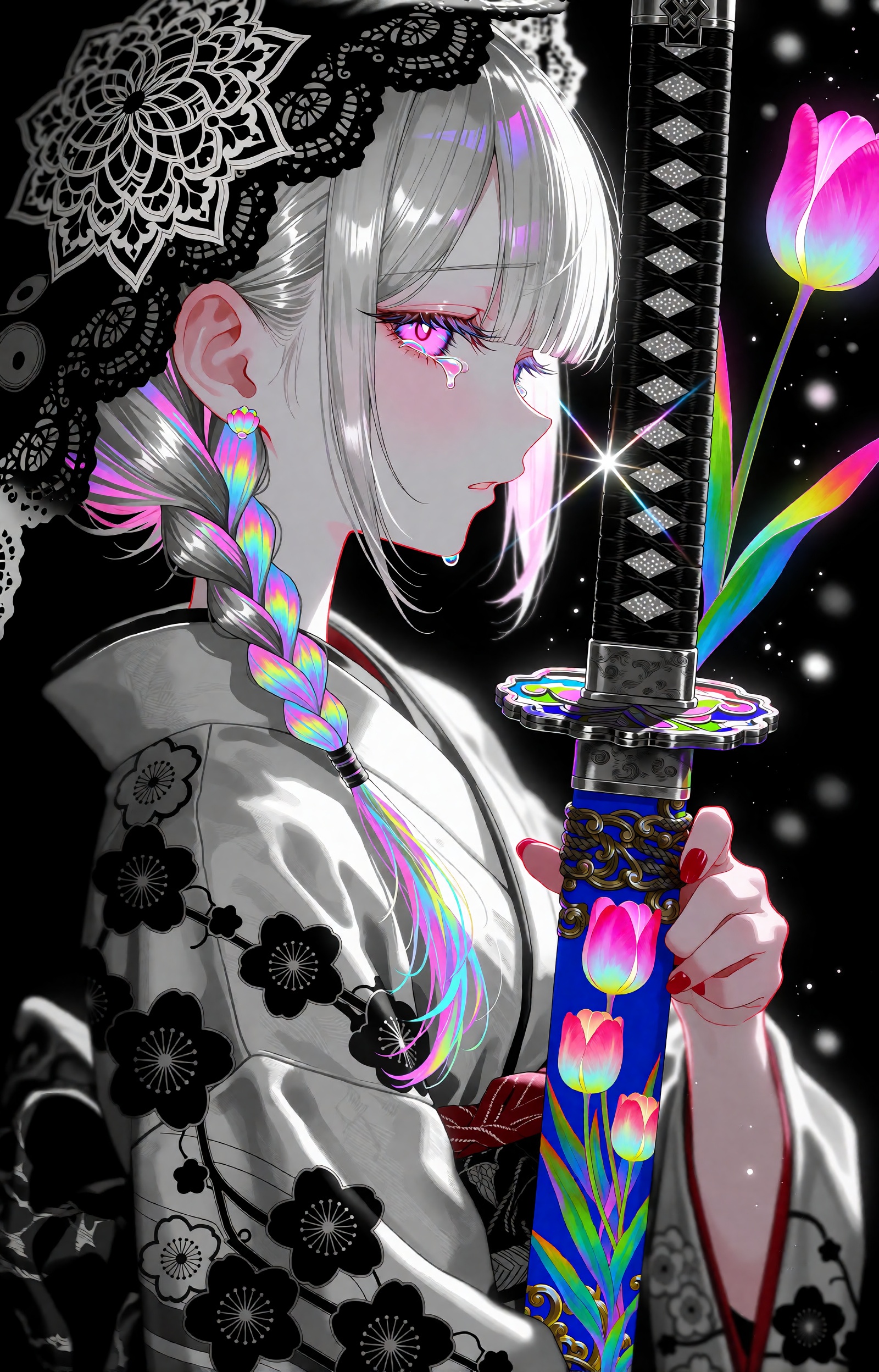 A melancholic anime girl is shown in close profile facing right,  her silver-white hair falling in soft strands with a sin...