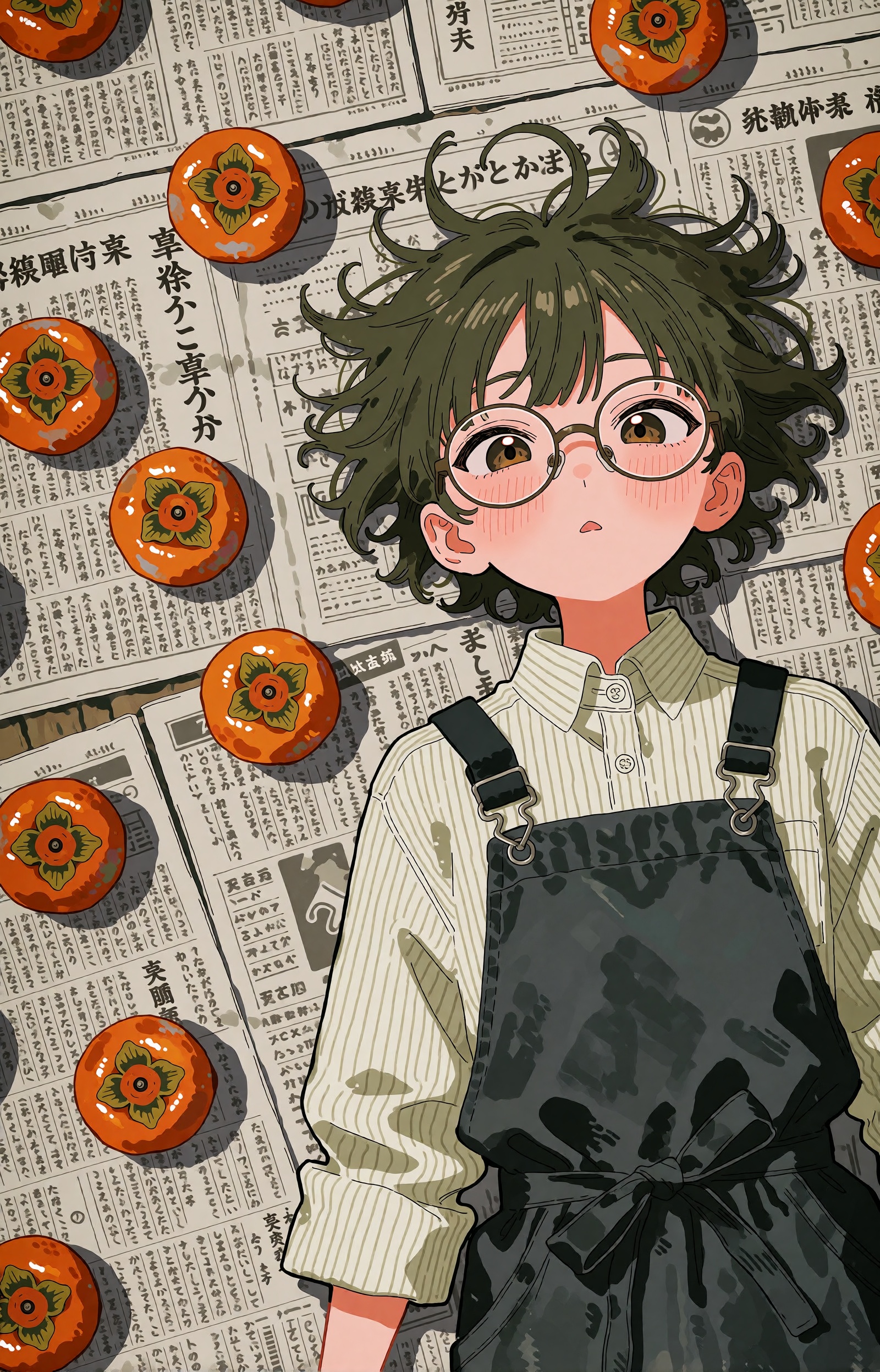 SUBJECT: A young fruit-stall apprentice seen from directly above,  lying at rest among spread newspaper sheets. Her messy...