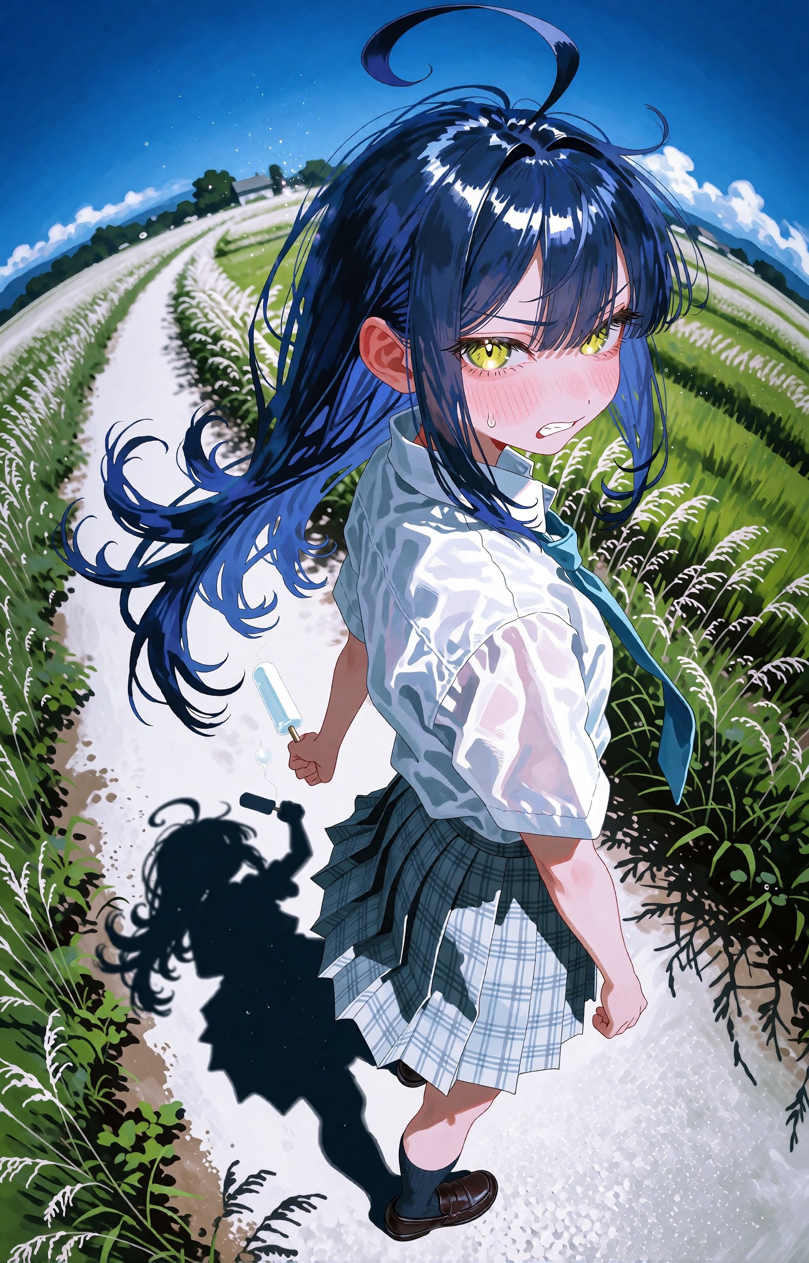 SUBJECT: A lone anime girl with long,  wind-tousled indigo-blue hair and a single defiant ahoge coiled like a question mar...