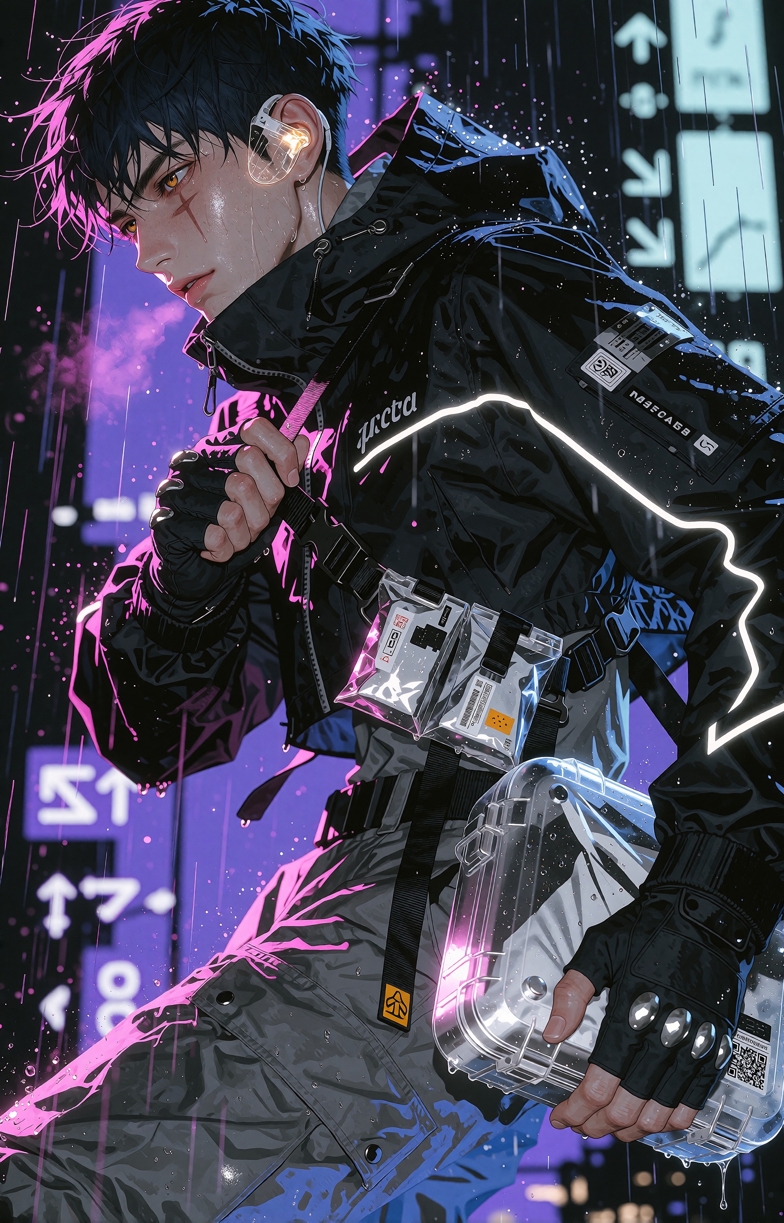 SUBJECT : A lean ***** courier with short cobalt-black hair,  sharp amber eyes and a tired but focused expression,  rainwa...